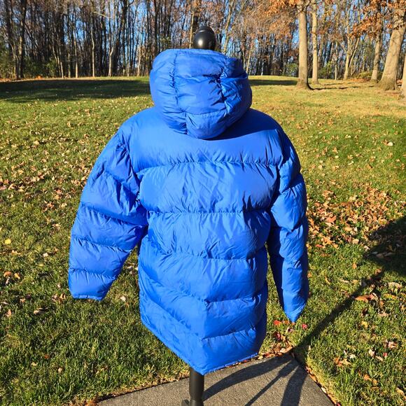 Men's Lands' End Reversible Goose Down Puffer Jacket Blue Black Hood sz Lg 42-44 - Picture 5 of 16